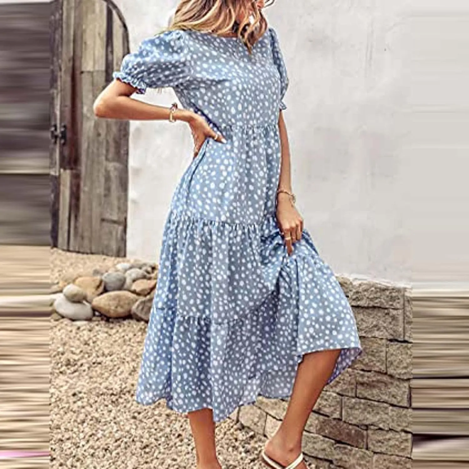 Womens Summer Maxi Dress Casual Round Neck Short Puff Sleeve Dresses Flowy Floral Tiered Ruffle Hem Beach Sundress