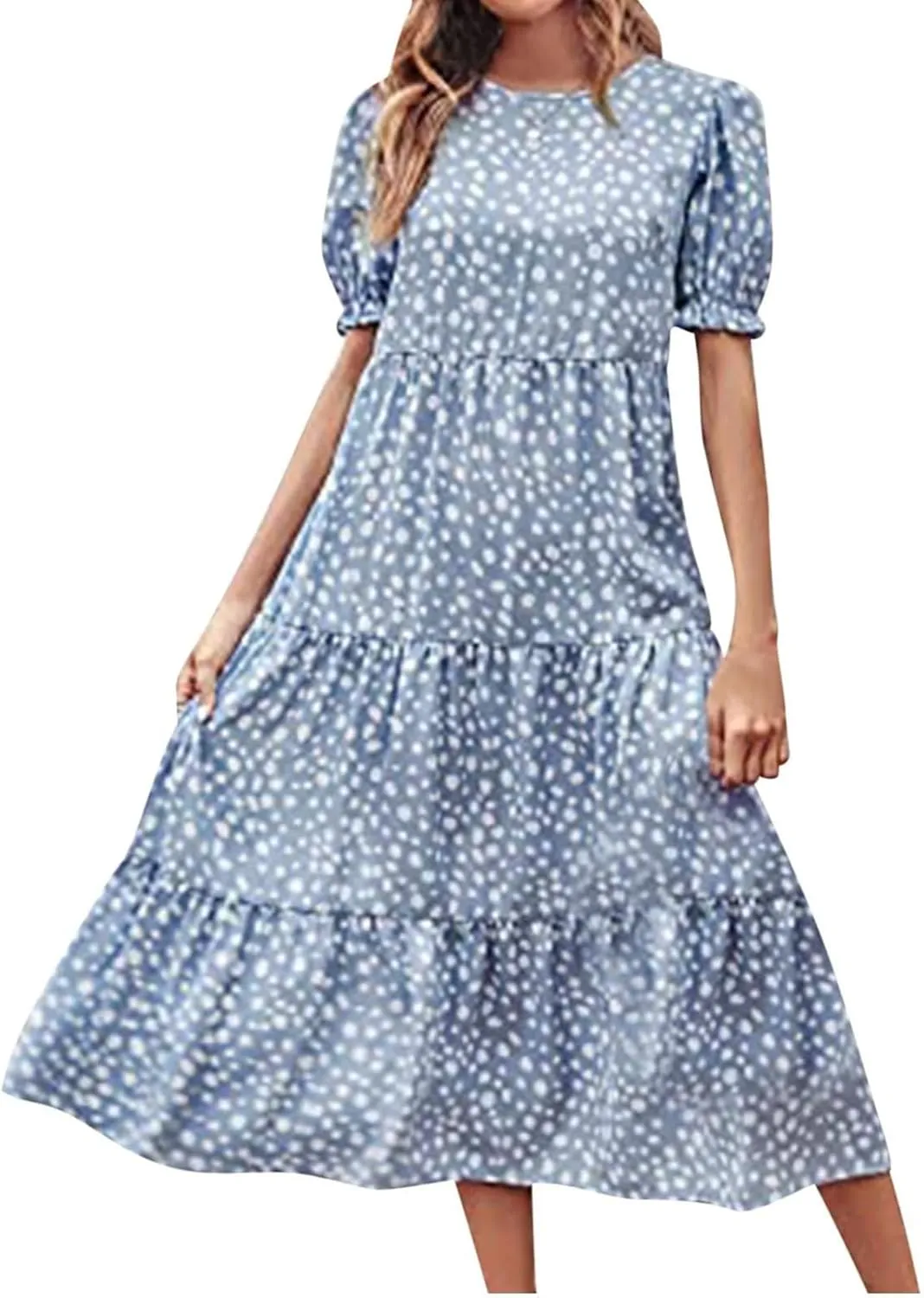 Womens Summer Maxi Dress Casual Round Neck Short Puff Sleeve Dresses Flowy Floral Tiered Ruffle Hem Beach Sundress