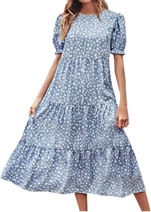 Womens Summer Maxi Dress Casual Round Neck Short Puff Sleeve Dresses Flowy Floral Tiered Ruffle Hem Beach Sundress