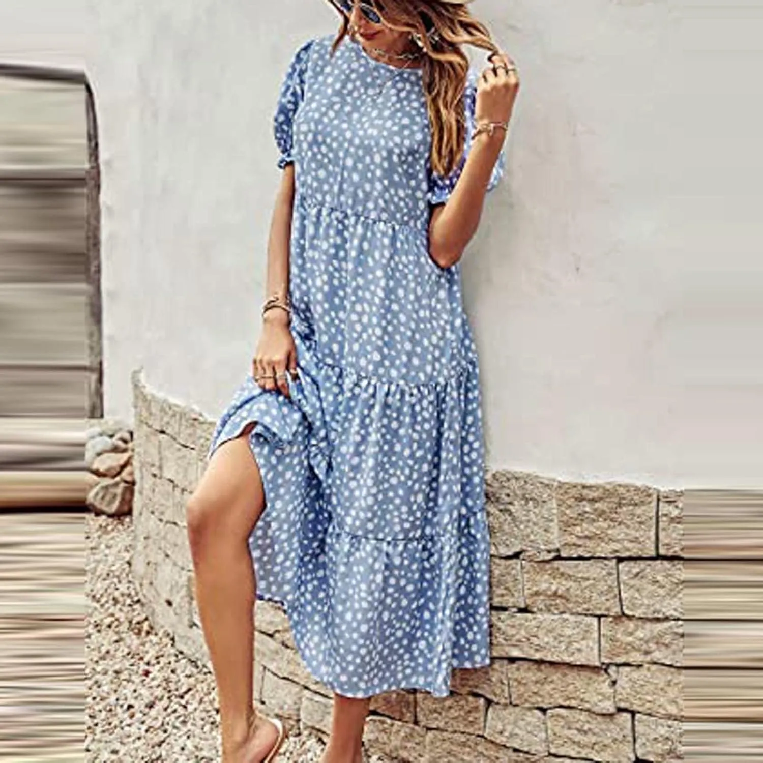 Womens Summer Maxi Dress Casual Round Neck Short Puff Sleeve Dresses Flowy Floral Tiered Ruffle Hem Beach Sundress