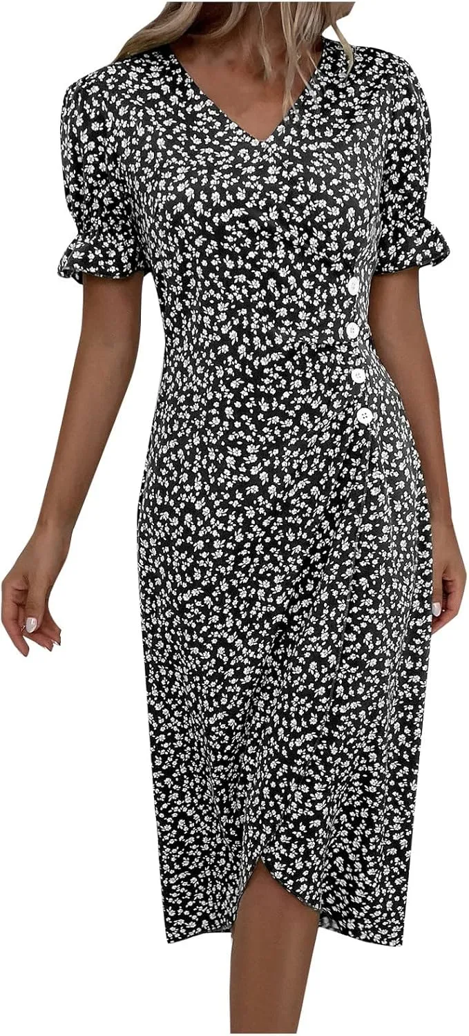 Women's Summer Wrap Dress Floral Print Button V-Neck Polka Dot Dress Short Sleeve Ruffled Aline Midi Sundress