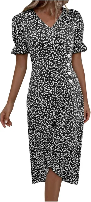Women's Summer Wrap Dress Floral Print Button V-Neck Polka Dot Dress Short Sleeve Ruffled Aline Midi Sundress