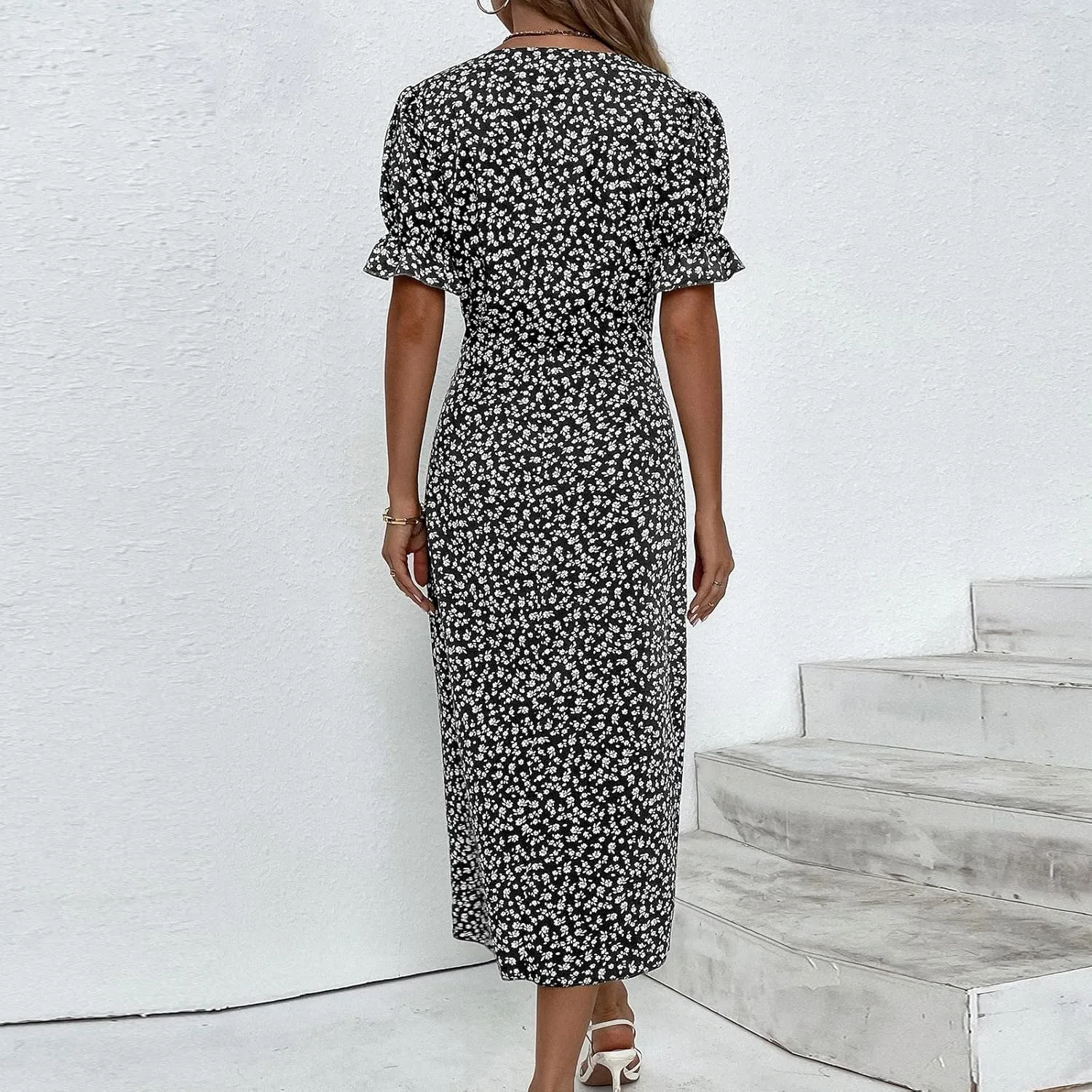 Women's Summer Wrap Dress Floral Print Button V-Neck Polka Dot Dress Short Sleeve Ruffled Aline Midi Sundress
