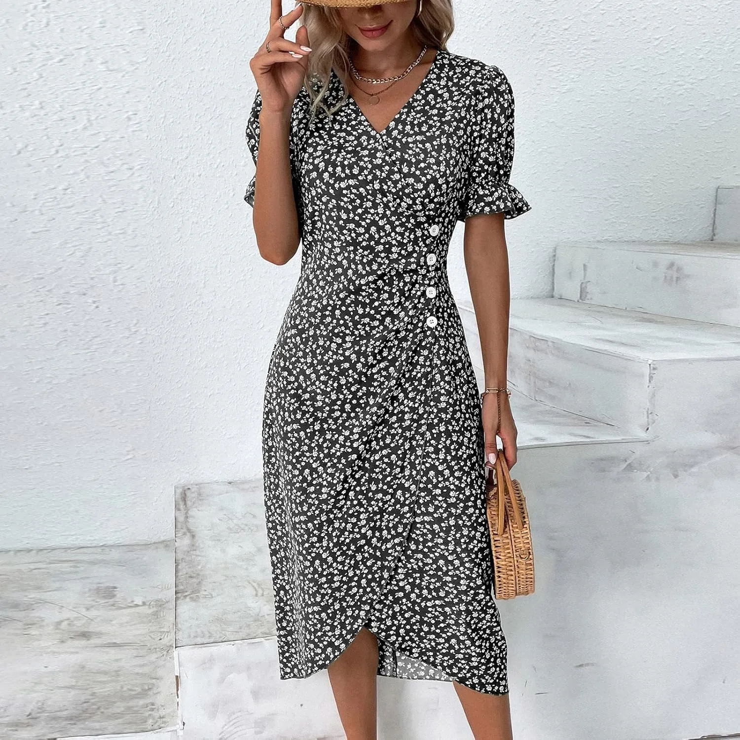 Women's Summer Wrap Dress Floral Print Button V-Neck Polka Dot Dress Short Sleeve Ruffled Aline Midi Sundress