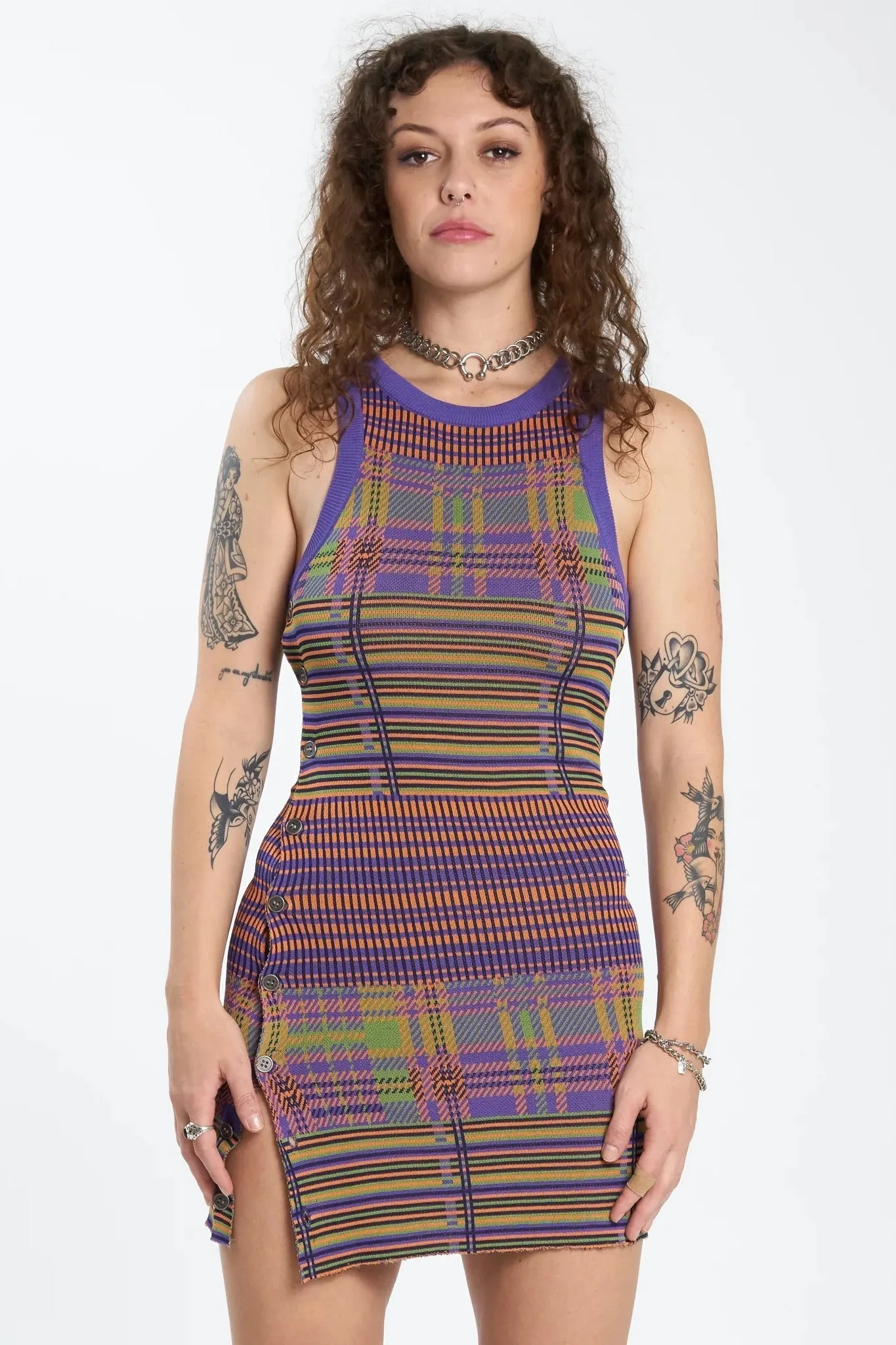 WORSHIP SUPPLIES ALLSORTS KNIT MINI DRESS - CANDY PLAID